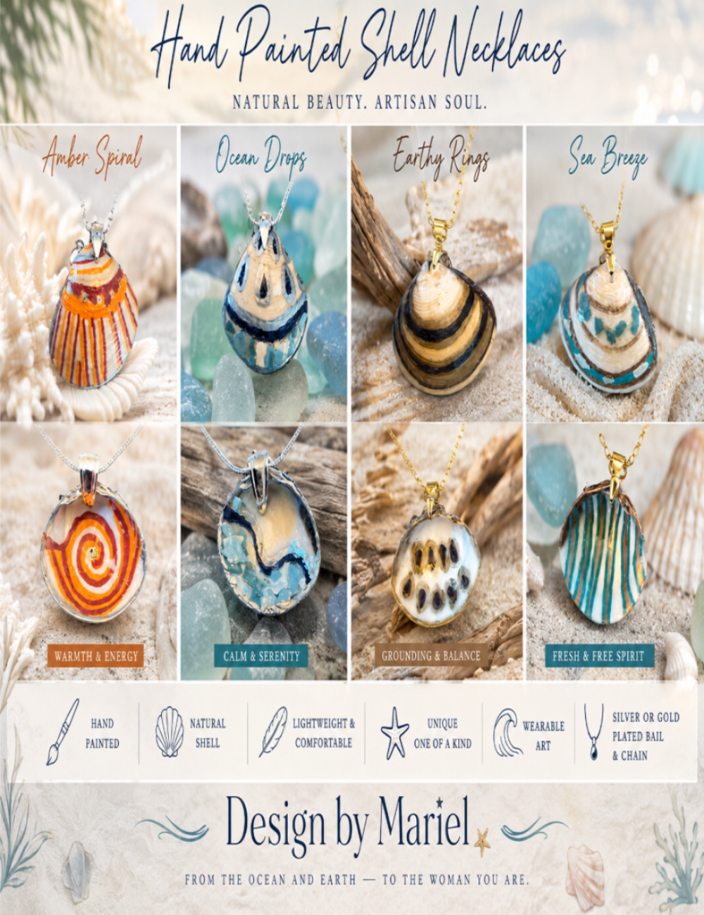 A promotional collage for hand-painted shell necklaces, showing six different shell pendant designs labeled Amber Spiral, Ocean Drops, Earthy Rings, and Sea Breeze, with marketing text and a brand signature at the bottom.