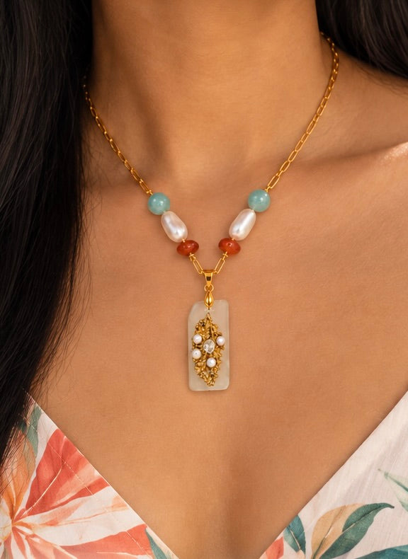 Hawaiian Sea Glass Necklace, Gold Coral Pendant, Freshwater Pearl Jewelry, Amazonite & Herkimer Diamond, One of a Kind Gift