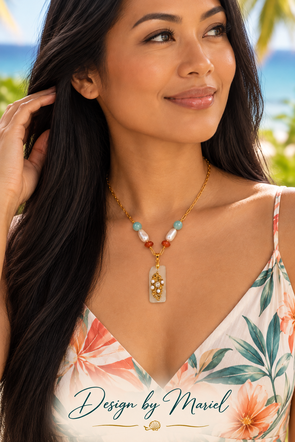 Hawaiian Sea Glass Necklace, Gold Coral Pendant, Freshwater Pearl Jewelry, Amazonite & Herkimer Diamond, One of a Kind Gift