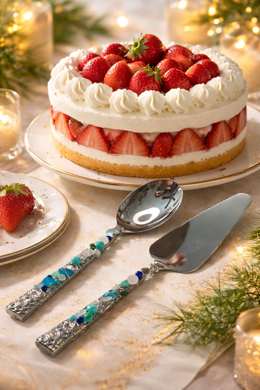 Coastal Beaded Cake Server Set - Lapis Lazuli, Turquoise & Sea Glass