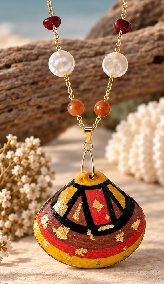 Hand Painted Shell Statement Necklace, Colorful Coastal Jewelry, Artisan Pendant