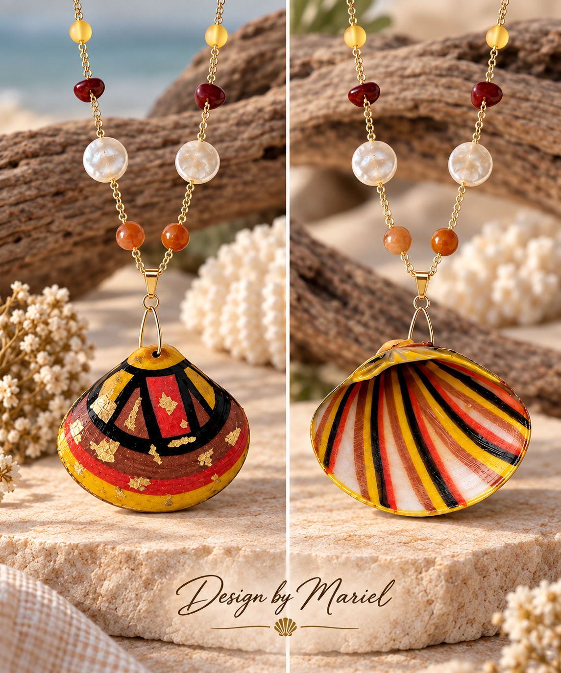 Hand Painted Shell Statement Necklace, Colorful Coastal Jewelry, Artisan Pendant