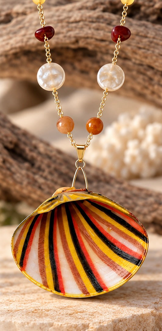 Hand Painted Shell Statement Necklace, Colorful Coastal Jewelry, Artisan Pendant